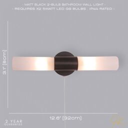 Happy Homewares Modern IP44 Rated Bathroom Wall Light Fitting with Tubular Glass Shades & Pull Switch in Black - thumbnail 6