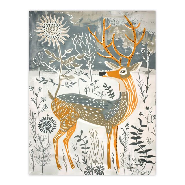 "Artery8 Woodland Deer in Snow Wildflowers Winter Folk Art Wall Art Print in White - Size: W24"" x H32""" - image 1