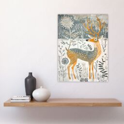 "Artery8 Woodland Deer in Snow Wildflowers Winter Folk Art Wall Art Print in White - Size: W24"" x H32""" - thumbnail 4