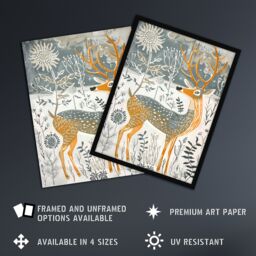"Artery8 Woodland Deer in Snow Wildflowers Winter Folk Art Wall Art Print in White - Size: W24"" x H32""" - thumbnail 2