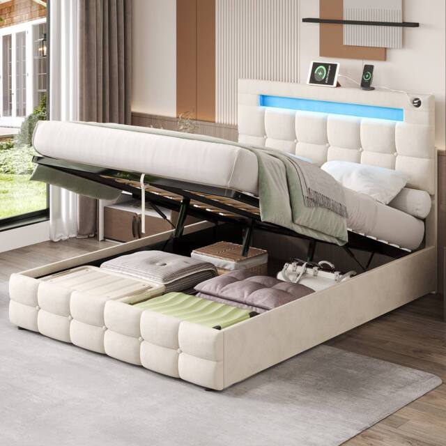 Merax 4ft6 Double Velvet Upholstered Ottoman Bed with LED & Charging Station in Beige - image 1