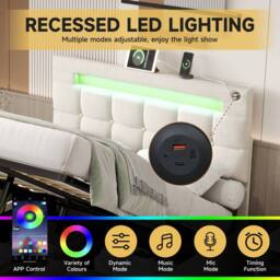 Merax 4ft6 Double Velvet Upholstered Ottoman Bed with LED & Charging Station in Beige - thumbnail 7