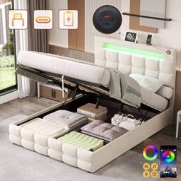 Merax 4ft6 Double Velvet Upholstered Ottoman Bed with LED & Charging Station in Beige - thumbnail 2
