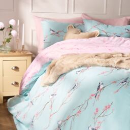 OHS Blossom Bird Reversible Duvet Cover with Pillowcase Bedding Set in Duck Egg Blue - Size: Double - thumbnail 3