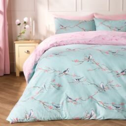 OHS Blossom Bird Reversible Duvet Cover with Pillowcase Bedding Set in Duck Egg Blue - Size: Double - thumbnail 1