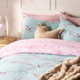 OHS Blossom Bird Reversible Duvet Cover with Pillowcase Bedding Set in Duck Egg Blue - Size: Double - thumbnail 4