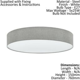 Loops Flush Ceiling Light Colour White Shade Grey White Fabric Linen Bulb E27 5x25W - thumbnail 2