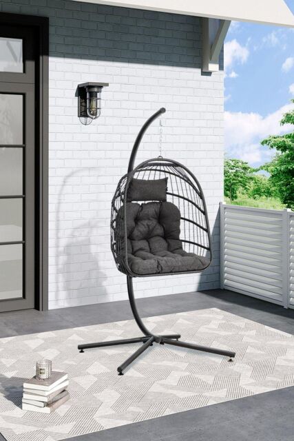 Garden Sanctuary Outdoor Hanging Chair with Stand & Cushion in Dark Grey - image 1