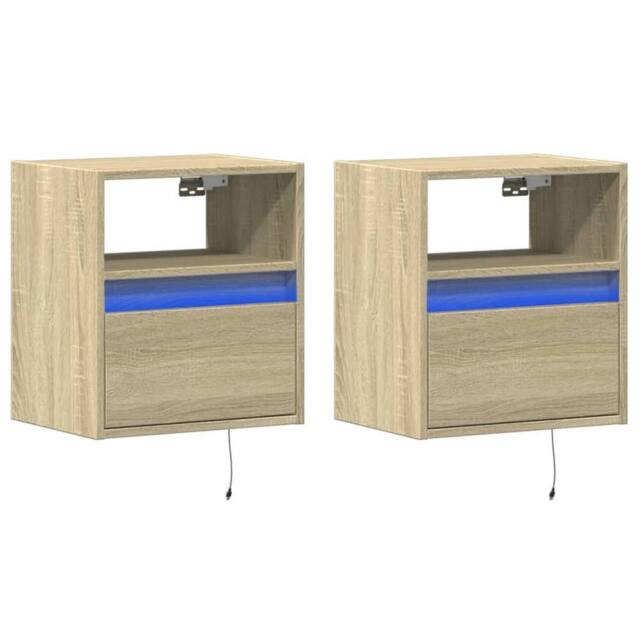 Berkfield Home Durable Wall-mounted Bedside Cabinets with LED Lights 2 pcs Sonoma Oak in Tan - image 1