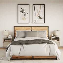 Berkfield Home Durable Wall-mounted Bedside Cabinets with LED Lights 2 pcs Sonoma Oak in Tan - thumbnail 5