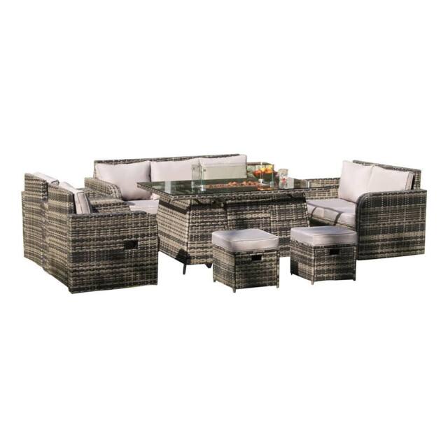 Alivio 9 Seater Rattan Furniture Set Built-In Propane Fire Pit Table Anti-UV Cushions - PE Rattan Garden Furniture Seating in Grey - image 1