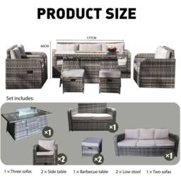 Alivio 9 Seater Rattan Furniture Set Built-In Propane Fire Pit Table Anti-UV Cushions - PE Rattan Garden Furniture Seating in Grey - thumbnail 5