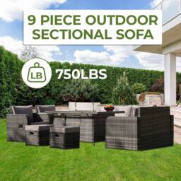 Alivio 9 Seater Rattan Furniture Set Built-In Propane Fire Pit Table Anti-UV Cushions - PE Rattan Garden Furniture Seating in Grey - thumbnail 7
