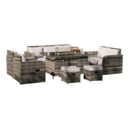 Alivio 9 Seater Rattan Furniture Set Built-In Propane Fire Pit Table Anti-UV Cushions - PE Rattan Garden Furniture Seating in Grey - thumbnail 1