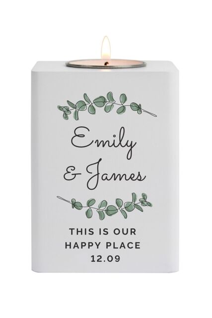Personalised Memento Company Personalised Botanical White Wooden Tea light Holder - image 1