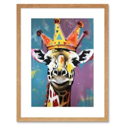 "Artery8 Wall Art Print Giraffe Wearing a Crown King Queen Modern Pop Artwork Framed 9X7 Inch in Beige - Size: W7"" x H9""" - thumbnail 1