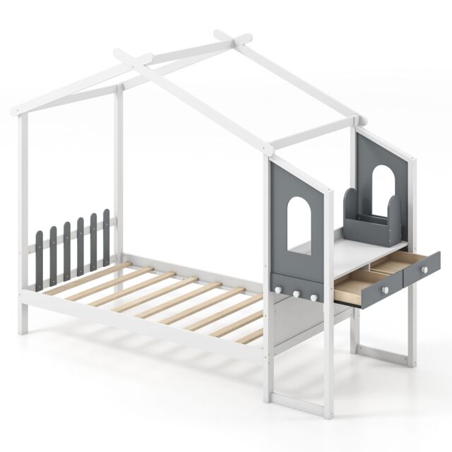 Gymax Single House Bed Frame with Desk Kids Bed with Roof Canopy & 2 Drawers in White - image 1