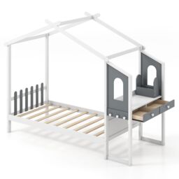 Gymax Single House Bed Frame with Desk Kids Bed with Roof Canopy & 2 Drawers in White
