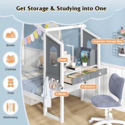 Gymax Single House Bed Frame with Desk Kids Bed with Roof Canopy & 2 Drawers in White - thumbnail 3