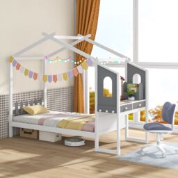 Gymax Single House Bed Frame with Desk Kids Bed with Roof Canopy & 2 Drawers in White - thumbnail 2