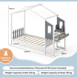 Gymax Single House Bed Frame with Desk Kids Bed with Roof Canopy & 2 Drawers in White - thumbnail 6