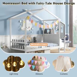 Gymax Single House Bed Frame with Desk Kids Bed with Roof Canopy & 2 Drawers in White - thumbnail 4
