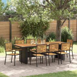 Berkfield Home Modern 9 Piece Garden Dining Set Black Poly Rattan Acacia - thumbnail 2