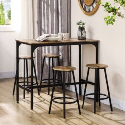 HOMCOM 5 Piece Bar Table & Stools Set with Metal Frame in Brown