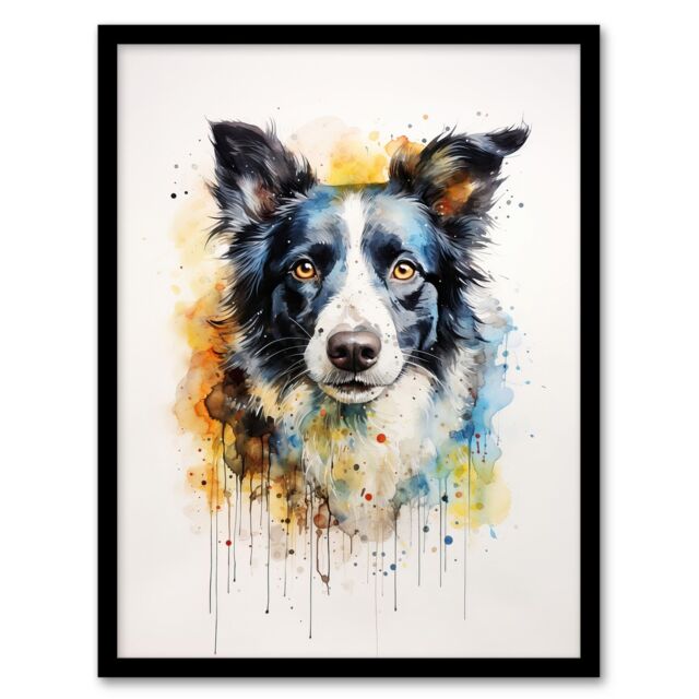 "Artery8 Wall Art Print Border Collie Lovers Gift Watercolour Pet Portrait Painting Artwork Art Framed - Size: W12"" x H16""" - image 1