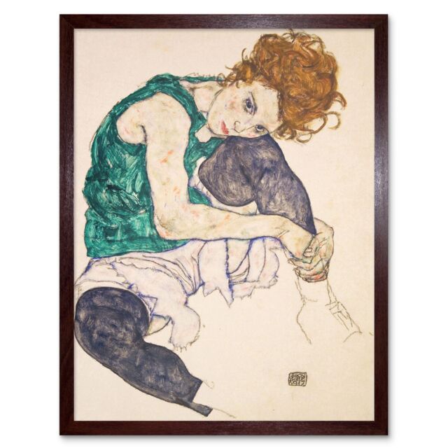 "Artery8 Wall Art Print Egon Schiele Seated Woman Legs Drawn Up Adele Herms 1917 Portrait Painting Art Framed in Brown - Size: W12"" x H16""" - image 1