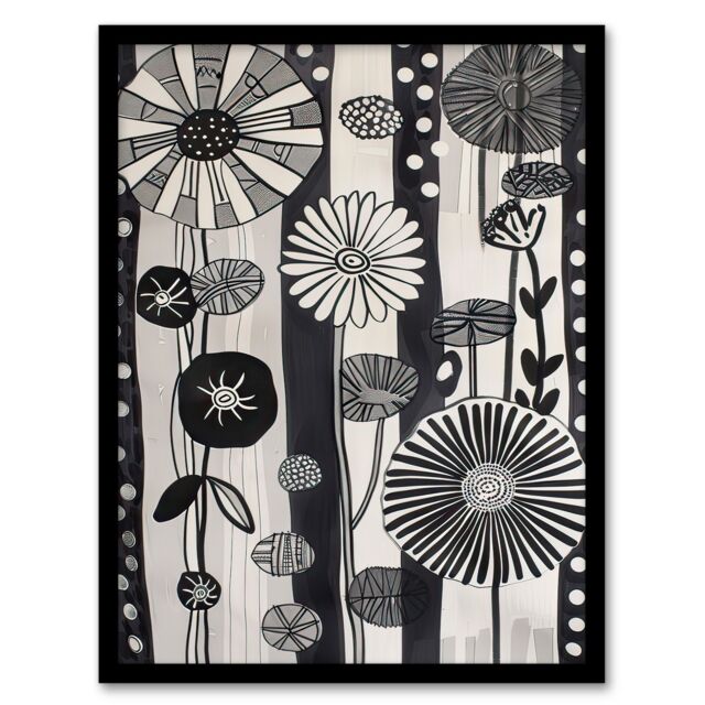 "Artery8 Abstract Black White Wildflowers Stripes Artwork Framed Art Print in Grey - Size: W12"" x H16""" - image 1