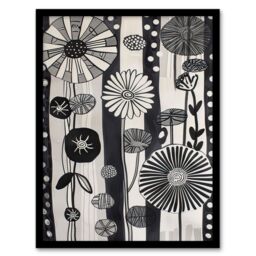 "Artery8 Abstract Black White Wildflowers Stripes Artwork Framed Art Print in Grey - Size: W12"" x H16""" - thumbnail 1