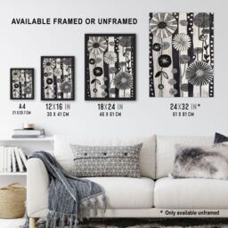 "Artery8 Abstract Black White Wildflowers Stripes Artwork Framed Art Print in Grey - Size: W12"" x H16""" - thumbnail 3
