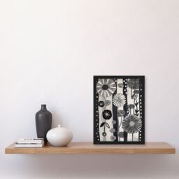 "Artery8 Abstract Black White Wildflowers Stripes Artwork Framed Art Print in Grey - Size: W12"" x H16""" - thumbnail 4