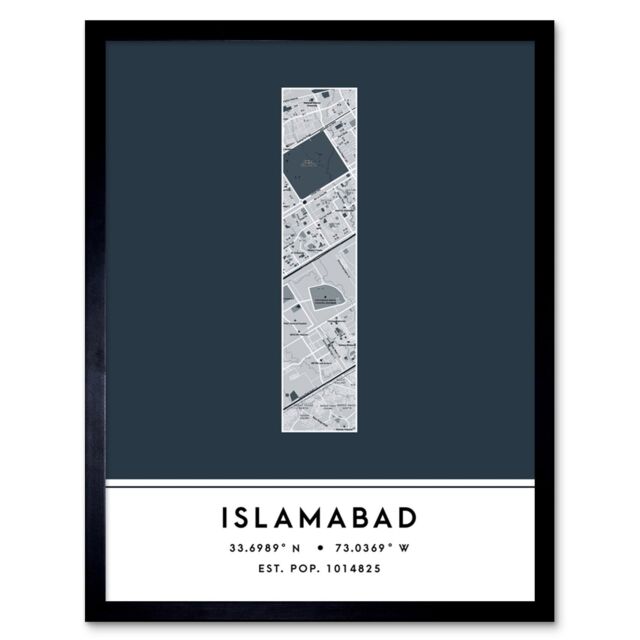 "Wee Blue Coo Wall Art Print Islamabad Pakistan City Map Modern Typography Stylish Letter Framed Word in Navy - Size: W12"" x H16""" - image 1