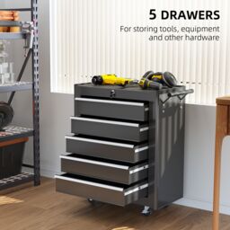 HOMCOM 5-Drawer Tool Chest Steel Lockable Tool Storage Cabinet w/ Wheels in Black - thumbnail 4