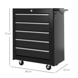 HOMCOM 5-Drawer Tool Chest Steel Lockable Tool Storage Cabinet w/ Wheels in Black - thumbnail 3