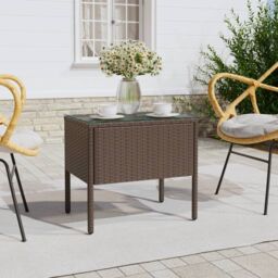 Berkfield Home Side Table Brown 53x37x48 cm Poly Rattan & Tempered Glass - Size: 53 x 37 x 48 cm - thumbnail 1