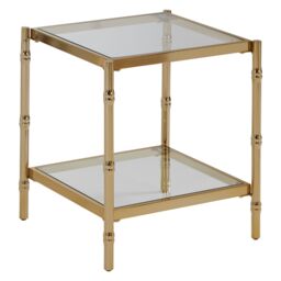 Orsina Two-Tier Square Side Table With Knopped Iron Legs, Gold Iron Frame Settee Side Table, Mirrored Glass End Table - thumbnail 2