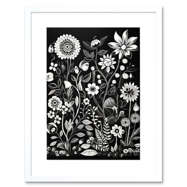 "Artery8 Wall Art Print Black & White Wild Flower Contour Pattern Artwork Framed 9X7 Inch - Size: W7"" x H9""" - image 1