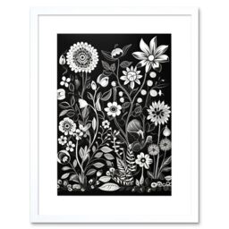 "Artery8 Wall Art Print Black & White Wild Flower Contour Pattern Artwork Framed 9X7 Inch - Size: W7"" x H9""" - thumbnail 1