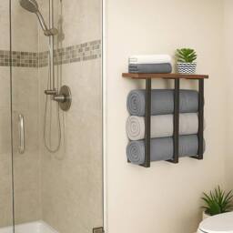 Nordara Brown 3-Bar Towel Rack w/ Shelf Iron & Wood - thumbnail 6