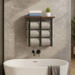 Nordara Brown 3-Bar Towel Rack w/ Shelf Iron & Wood - thumbnail 5