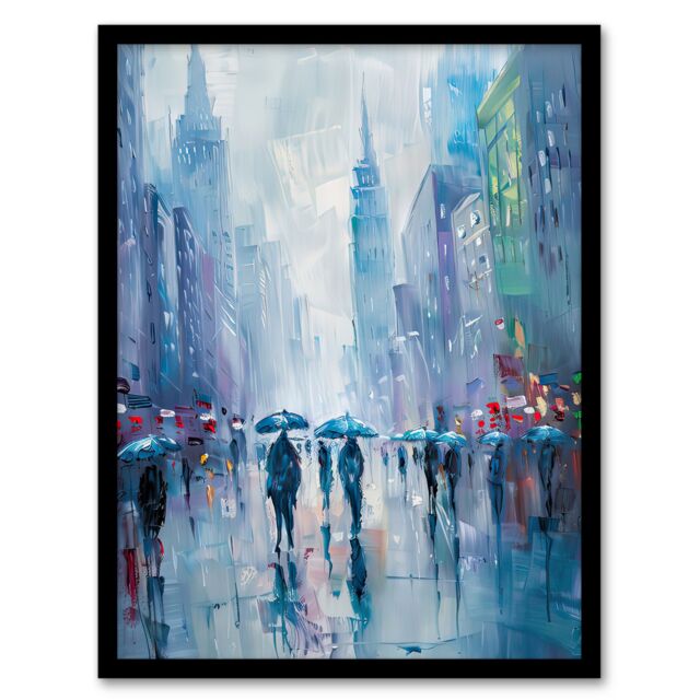 Artery8 Rainy New York Abstract Cityscape Oil Painting Framed Art Print in Blue - Size: A4 - image 1