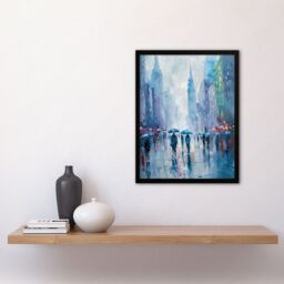 Artery8 Rainy New York Abstract Cityscape Oil Painting Framed Art Print in Blue - Size: A4 - thumbnail 4