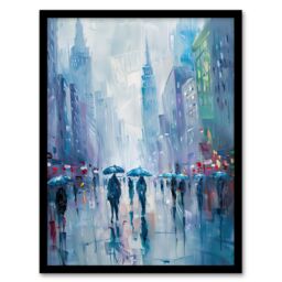 Artery8 Rainy New York Abstract Cityscape Oil Painting Framed Art Print in Blue - Size: A4 - thumbnail 1