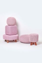 Homescapes Round Cotton Knitted Pouffe Footstool in Bright Pink - thumbnail 5