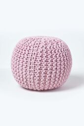 Homescapes Round Cotton Knitted Pouffe Footstool in Bright Pink