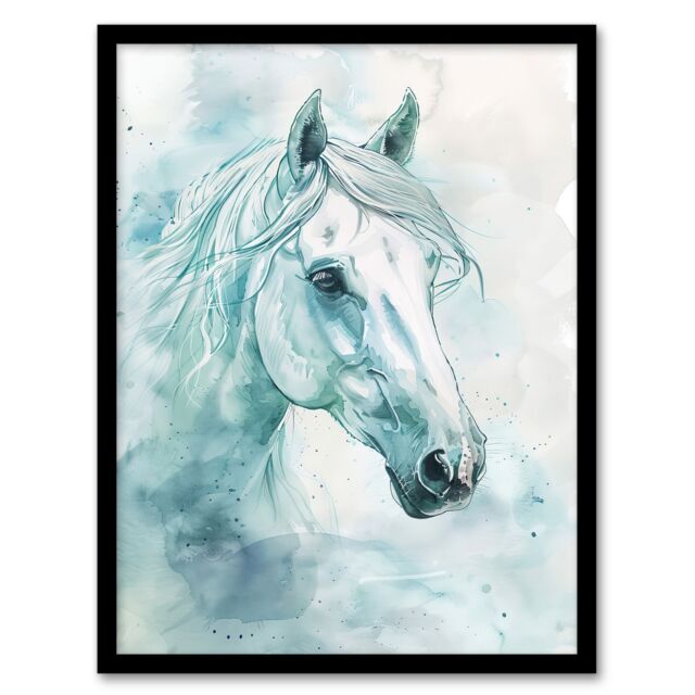 "Artery8 White Horse Portrait Light Blue Watercolour Framed Art Print - Size: W12"" x H16""" - image 1
