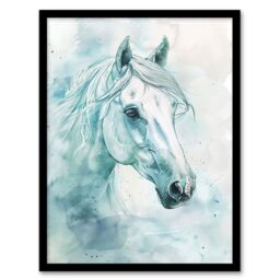 "Artery8 White Horse Portrait Light Blue Watercolour Framed Art Print - Size: W12"" x H16""" - thumbnail 1